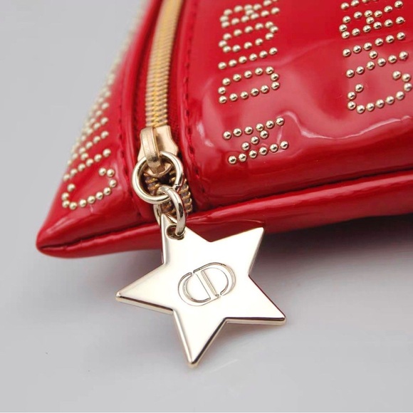 Christian Dior Red Patent Mini Clutch Studded Logo Zipper Cosmetic bag - Picture 11 of 15